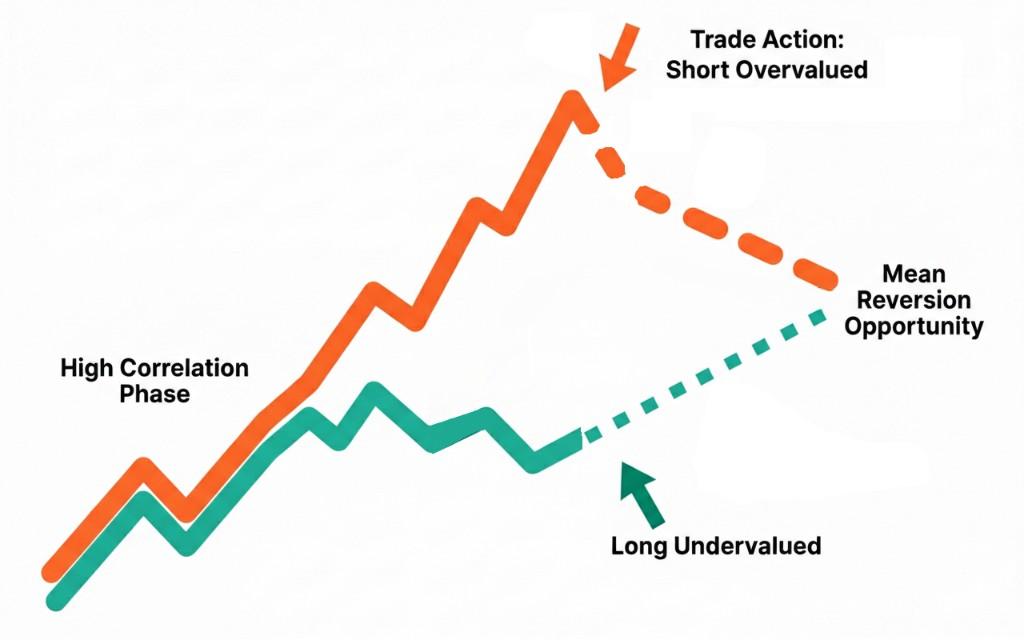 Pair trading mean reversion: high correlation phase, then divergence with trade action, short overvalued, long undervalued, and mean reversion opportunity.